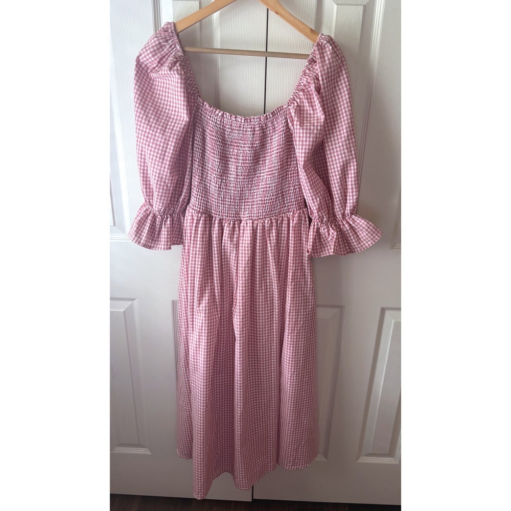 AURA Pink Gingham Check Cottagecore Summer Smocked Puff Sleeve Midi Dress‎ M